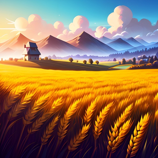 illustration of a wheat field with a house in the distance