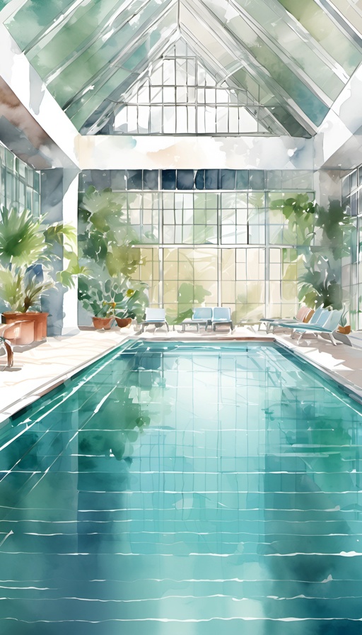 painting of a pool in a large indoor building with a skylight