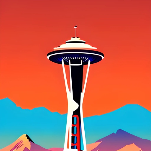 view of a space needle with mountains in the background
