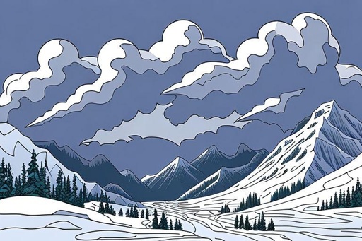a drawing of a snowy mountain scene with a road in the foreground