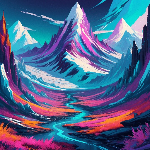 a painting of a mountain with a stream running through it