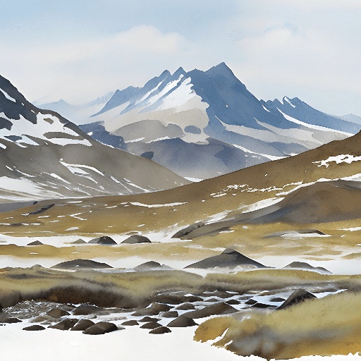 a painting of a mountain range with a snow covered field