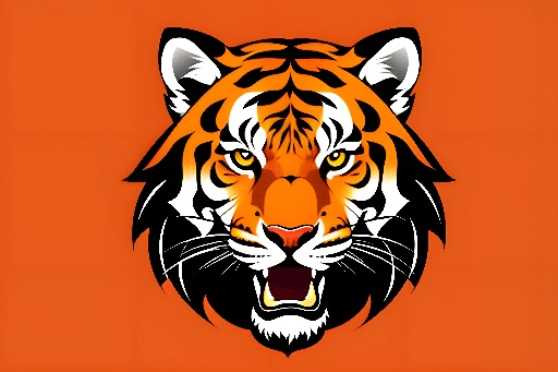 tiger head on an orange background with a black and white stripe