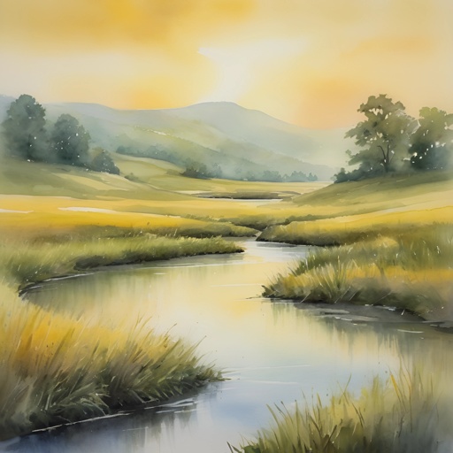 painting of a river running through a lush green field with trees