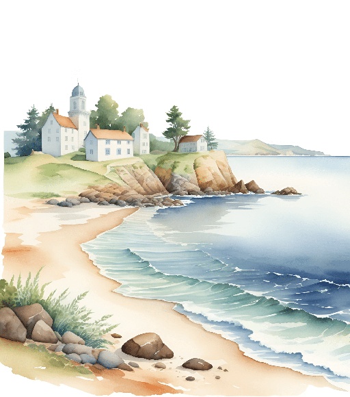 painting of a beach with a lighthouse and a church on the shore