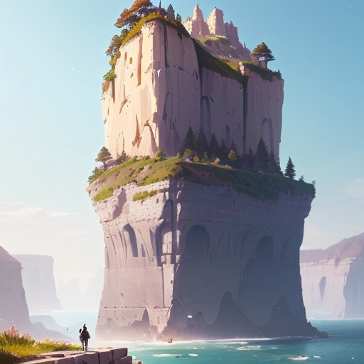 anime - style illustration of a man standing on a cliff overlooking a body of water