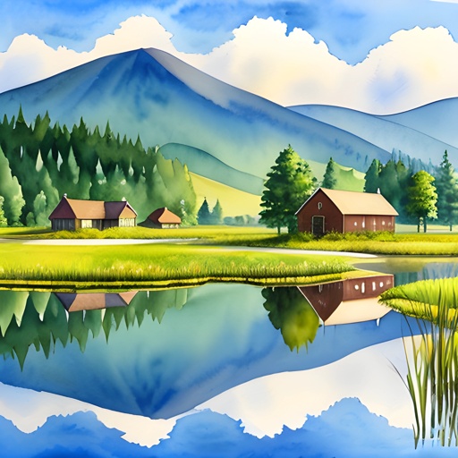 painting of a mountain scene with a lake and a cabin