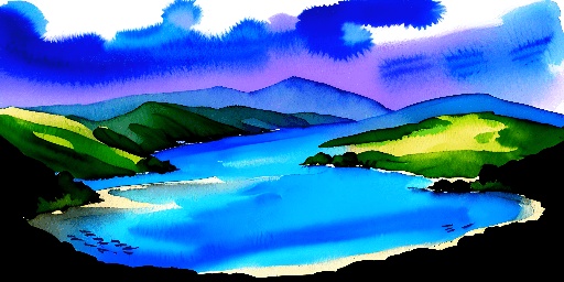 painting of a lake with mountains and a blue sky