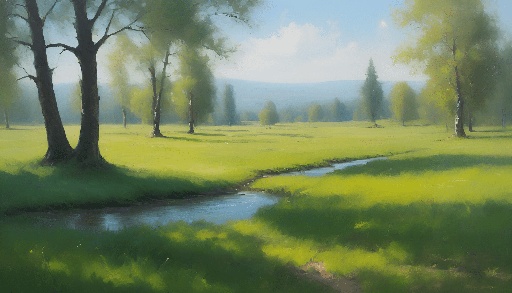 painting of a stream running through a lush green field with trees
