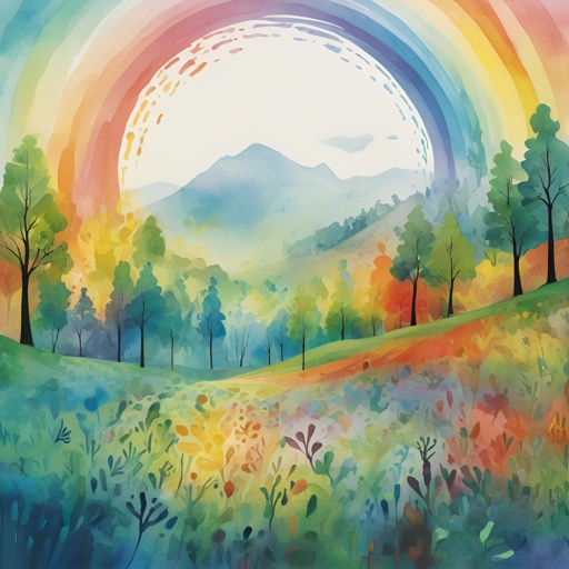 painting of a rainbow over a field with trees and flowers