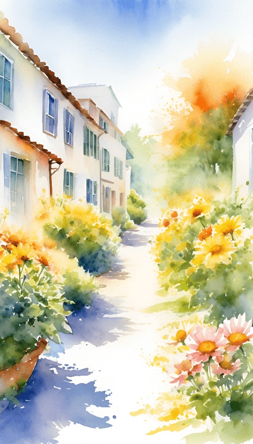 a painting of a street with flowers and buildings