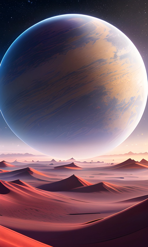 view of a planet in the distance with a desert landscape