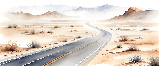 a painting of a road in the desert with mountains in the background