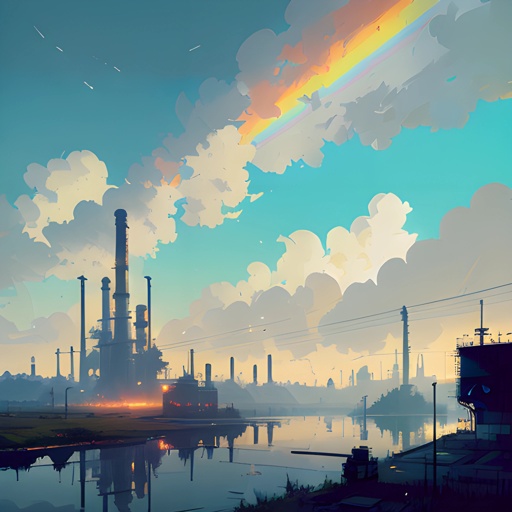 a painting of a factory with a rainbow in the sky