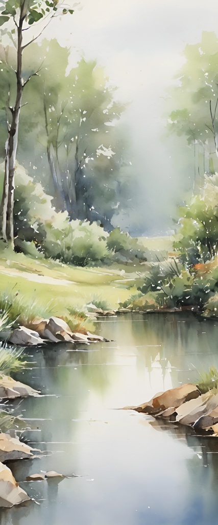 painting of a river with rocks and trees in the background