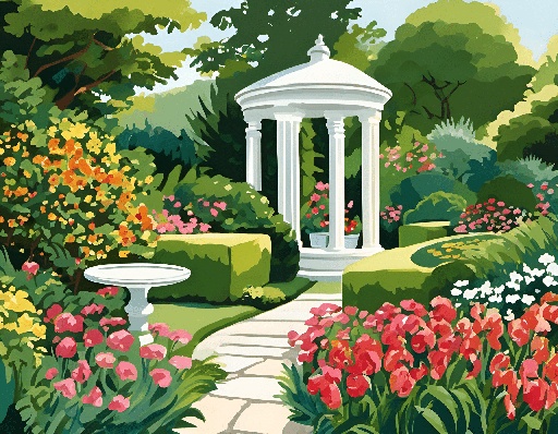 a gazebo in the middle of a garden with flowers