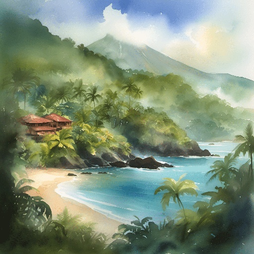 painting of a tropical beach with a red roofed building on the shore