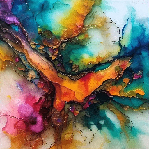 abstract painting of a tree with colorful leaves and a sky background