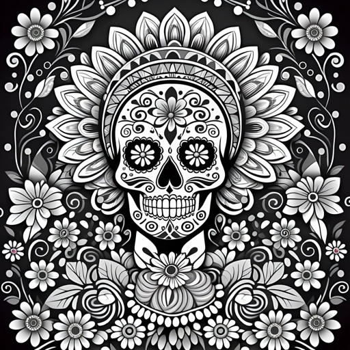 a black and white sugar skull with floral design on a black background