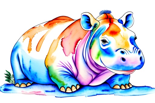painting of a hippo laying down with a colorful shirt on