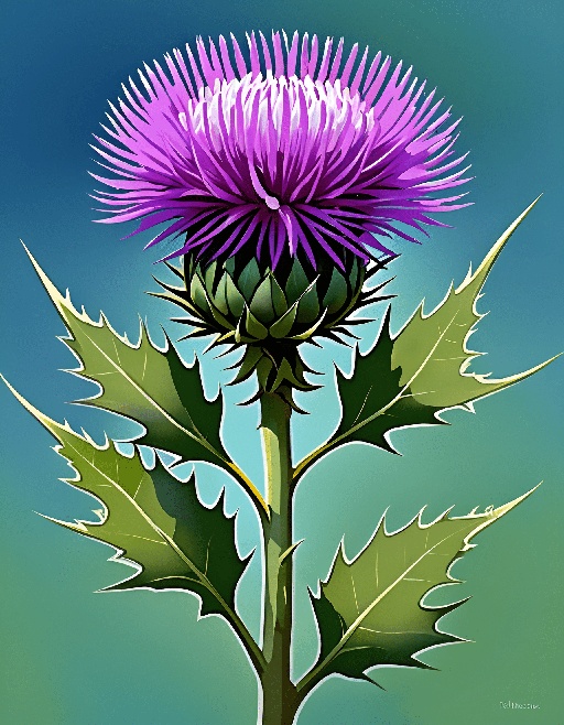 purple flower with green leaves on a blue background