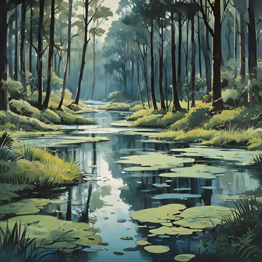 painting of a river in a forest with lily pads in the water
