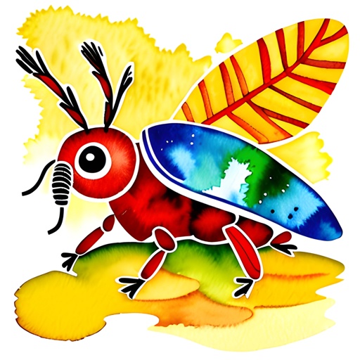 painting of a bug with a colorful feather on its head