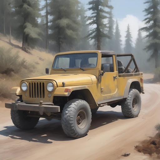 painting of a yellow jeep driving down a dirt road in the woods