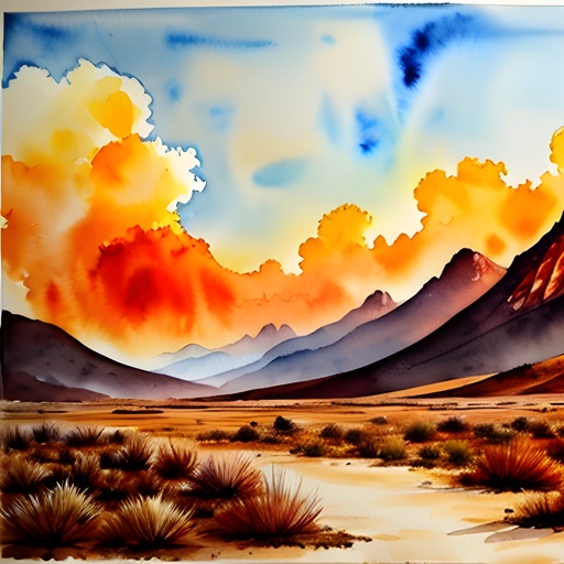 painting of a desert scene with a mountain in the distance
