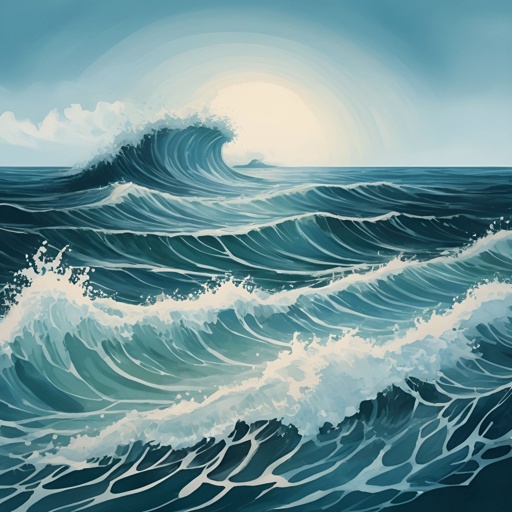 painting of a wave breaking on the ocean with a sun in the background