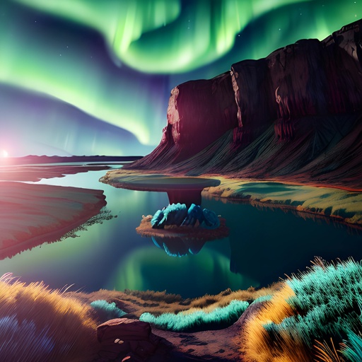 brightly colored image of a mountain with a lake and a green aurora