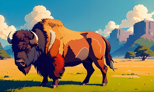 a bison standing in a field with a mountain in the background