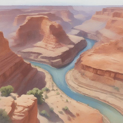 painting of a river running through a canyon in a desert