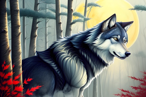 painting of a wolf in a forest with a full moon