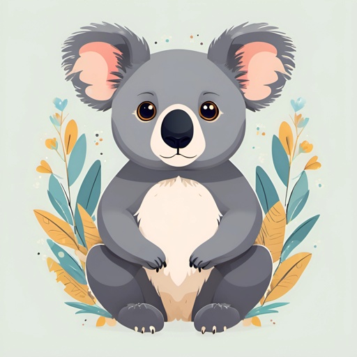 a koala bear sitting on the ground with leaves around it