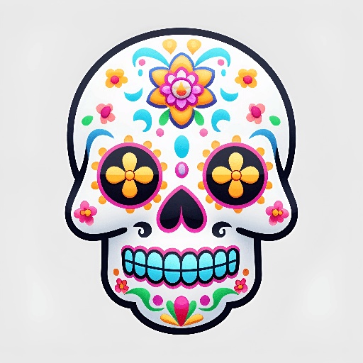 brightly colored sugar skull with flower decoration on white background