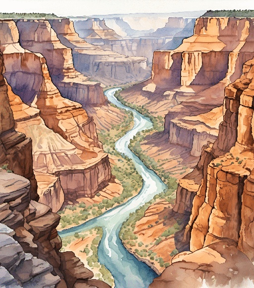 painting of a river running through a canyon in a canyon