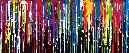 a close up of a painting of a colorful stream of paint