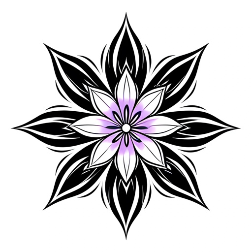 a black and white flower with purple centers on a white background