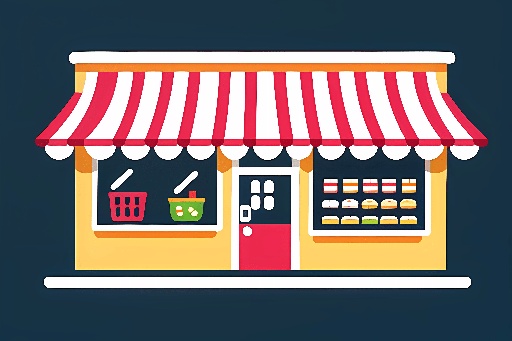 illustration of a storefront with a red awning and a green basket