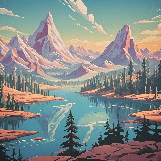 painting of a mountain lake with a few trees and mountains in the background