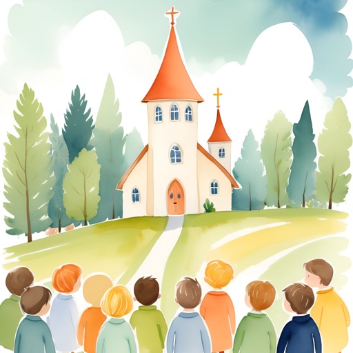 there are many children standing in front of a church