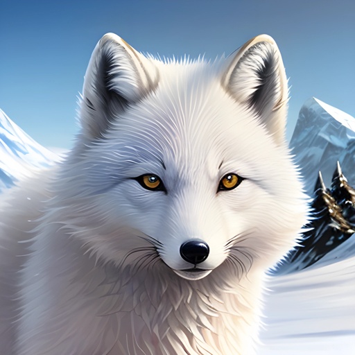 a white wolf standing in the snow with a mountain in the background
