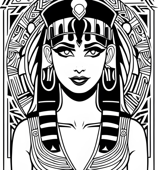 a black and white drawing of a woman with a headdress