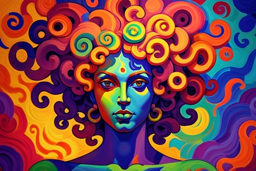 painting of a woman with a colorful afro hair and a colorful background