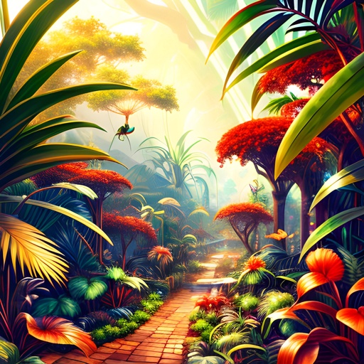 a close up of a pathway in a tropical forest with lots of plants