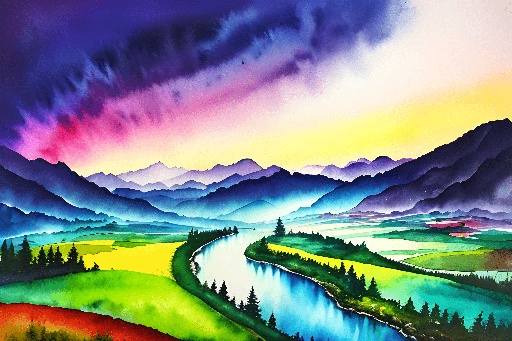 painting of a colorful landscape with a river and mountains