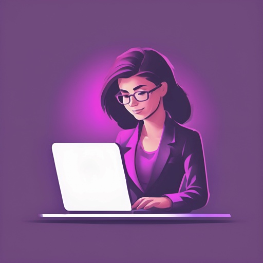 cartoon woman in glasses using a laptop computer on a purple background