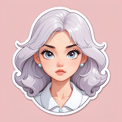 cartoon girl with gray hair and blue eyes in a white shirt