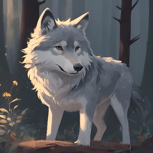 a wolf standing in the woods with flowers in the foreground